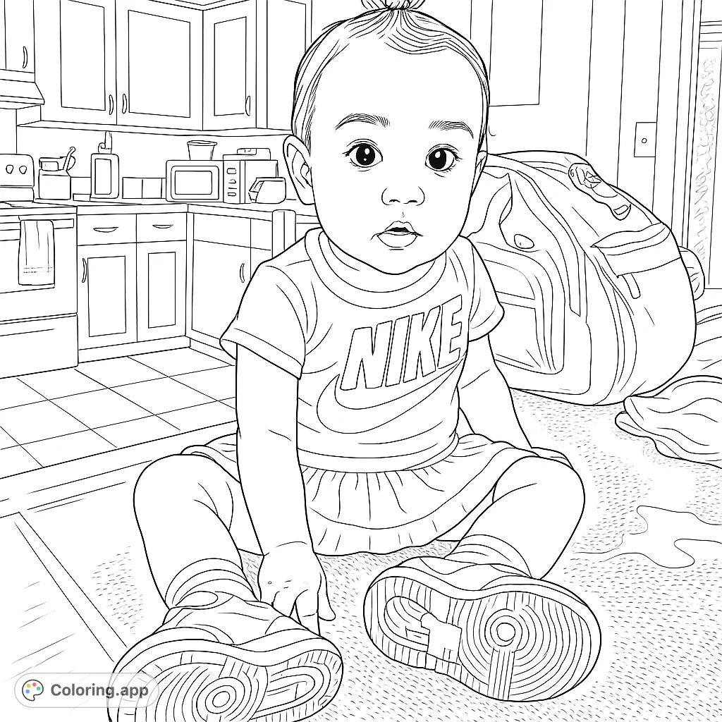 Capture a heartwarming moment with this sweet toddler coloring page. Featuring a child sitting in a kitchen, perfect for family fun and creative expression.