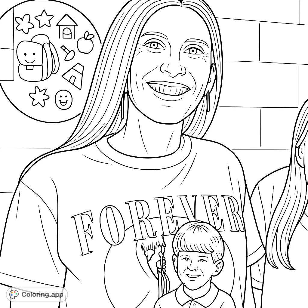 A cheerful woman with long hair, wearing a t-shirt featuring 'FOREVER' text and a framed portrait of a child. A delightful page for personalizing.