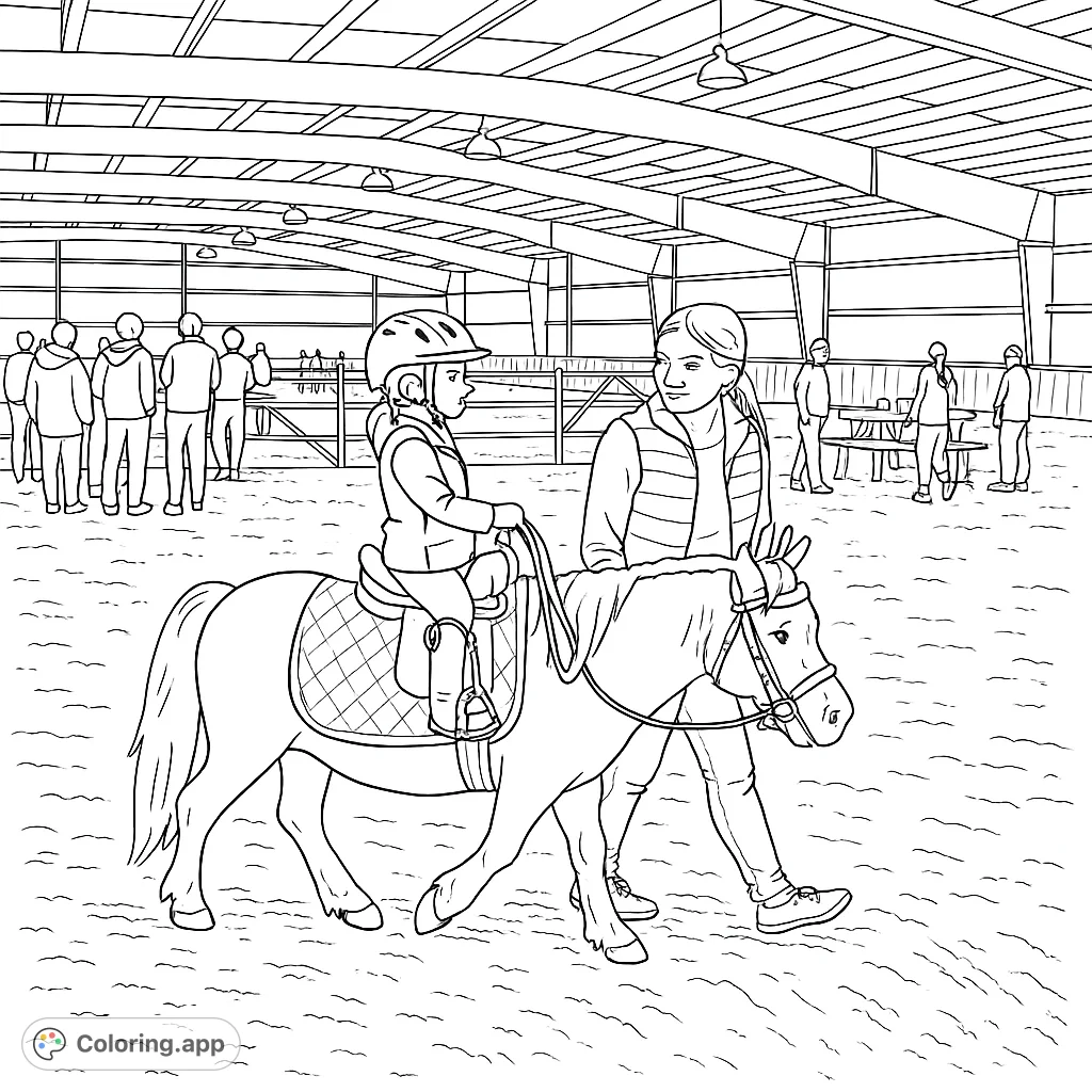 A delightful pony ride scene featuring a young rider and a gentle pony in an indoor arena. Perfect for aspiring equestrians and animal lovers.