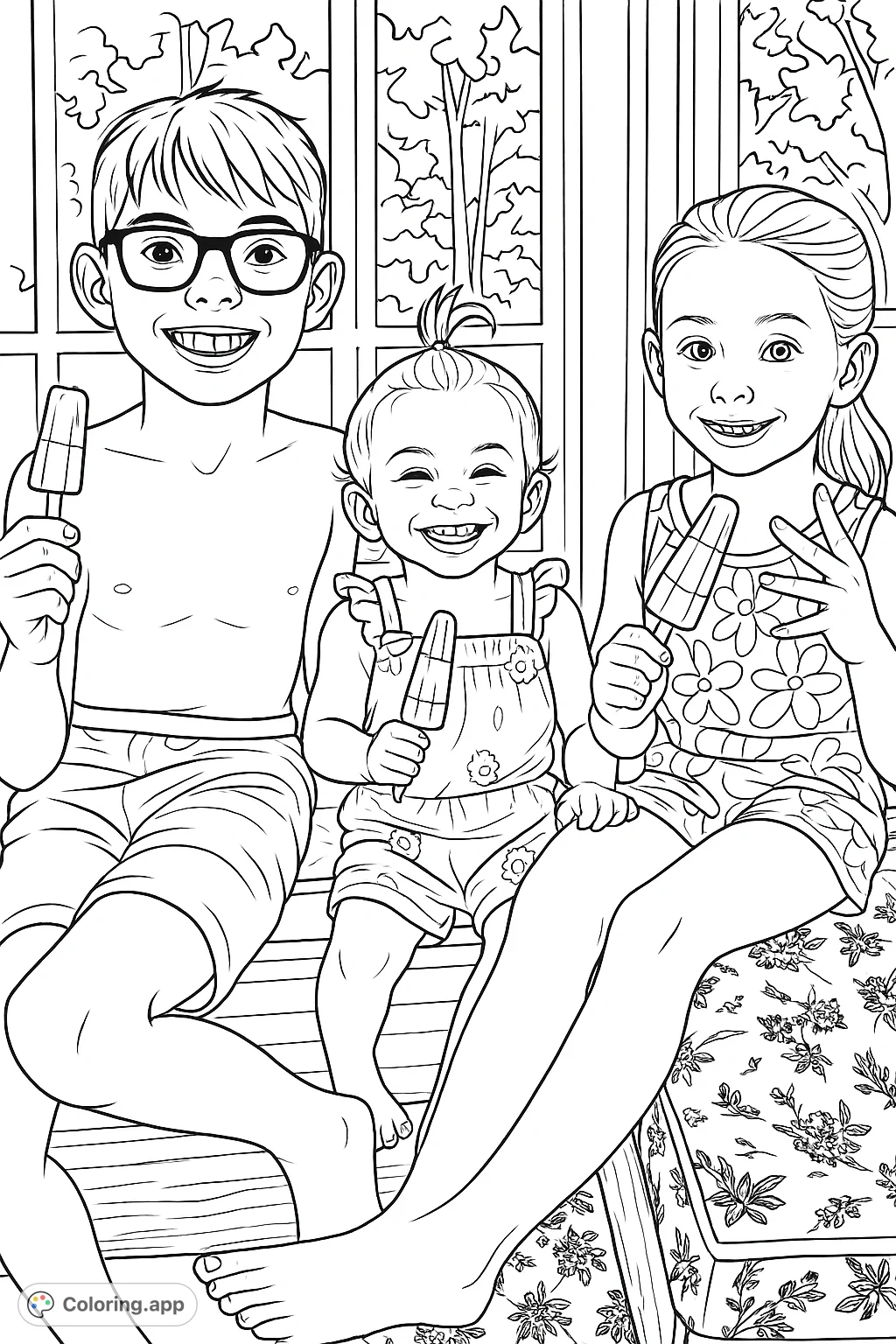 Three happy children enjoying popsicles, perfect for a summer-themed coloring page. Features a boy, a toddler, and a girl with sweet treats.