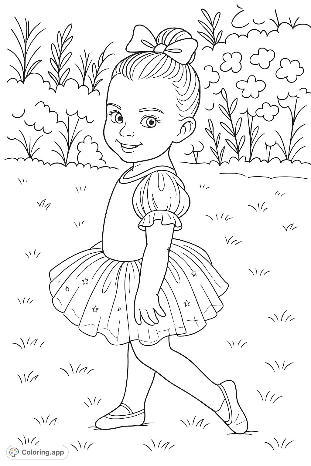 A charming coloring page featuring a smiling little ballerina in a detailed tutu and bow, ready for creative expression in a lovely outdoor setting.