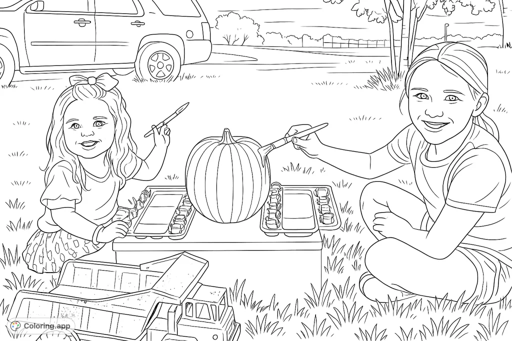 Two cheerful girls paint a pumpkin outdoors, surrounded by craft supplies and a toy truck. A delightful scene for creative coloring.