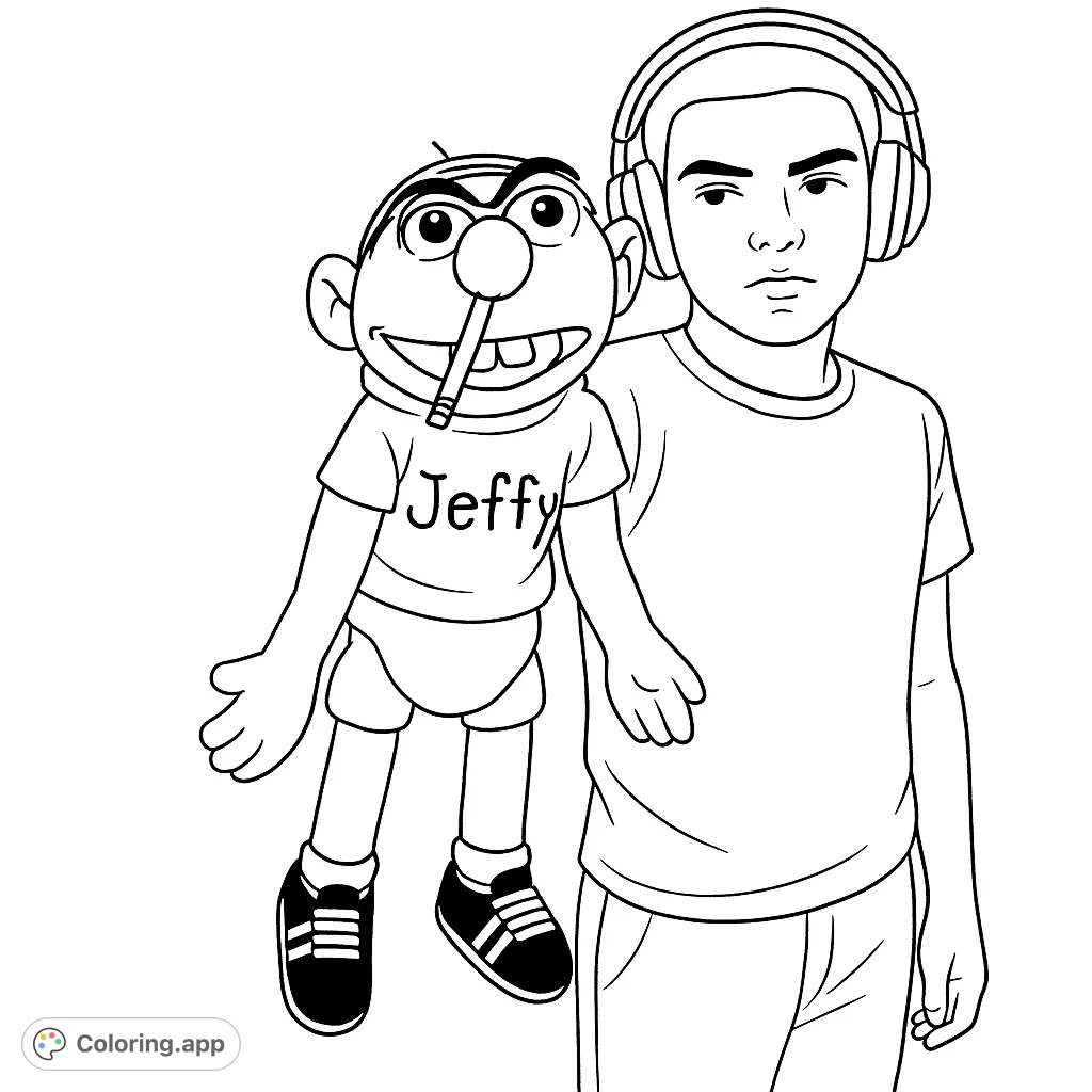 A fun coloring page featuring a young person with headphones alongside a quirky puppet with a pencil in its mouth, perfect for creative expression.