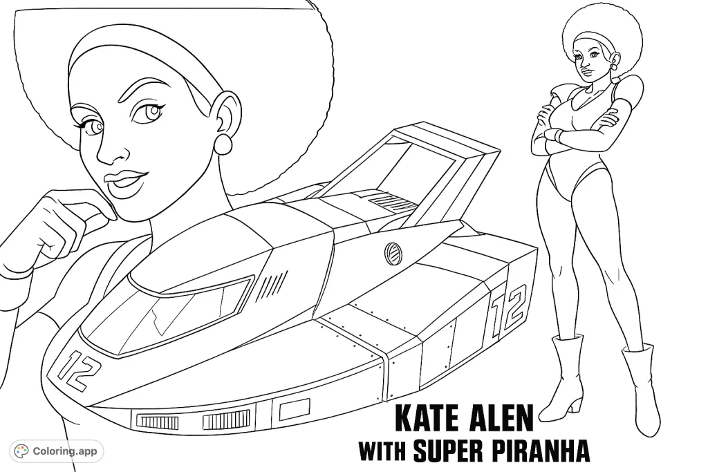 A dynamic coloring page featuring racer Kate Alen and her futuristic Super Piranha vehicle, perfect for fans of speed and sci-fi themes.