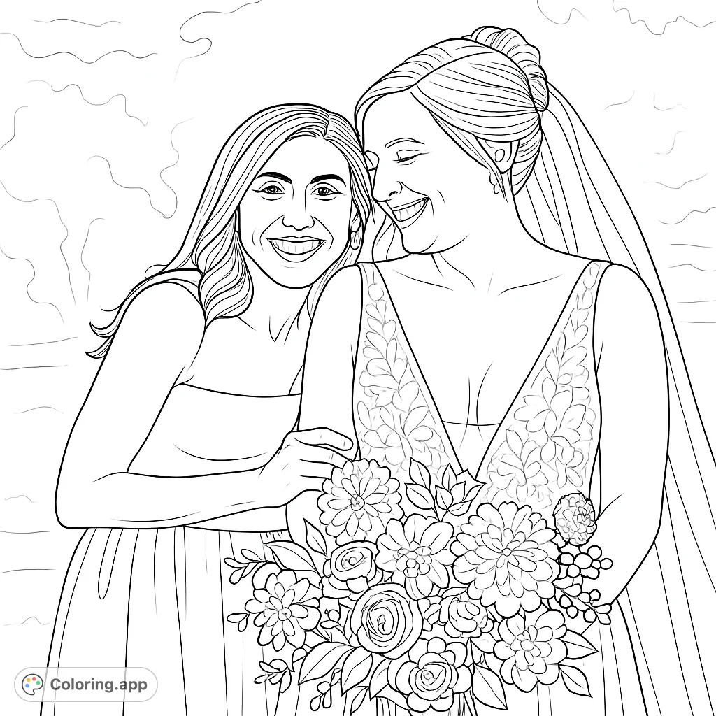 Celebrate love with this intricate wedding coloring page featuring two smiling women, a detailed lace gown, and a beautiful floral bouquet. Perfect for adults.