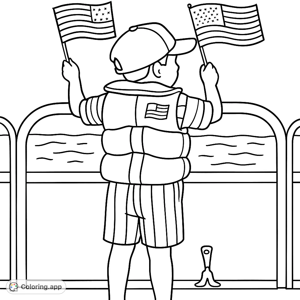 A heartwarming scene of a child waving flags by the water at dusk, with distant lights. Perfect for celebrating patriotism and childhood wonder.