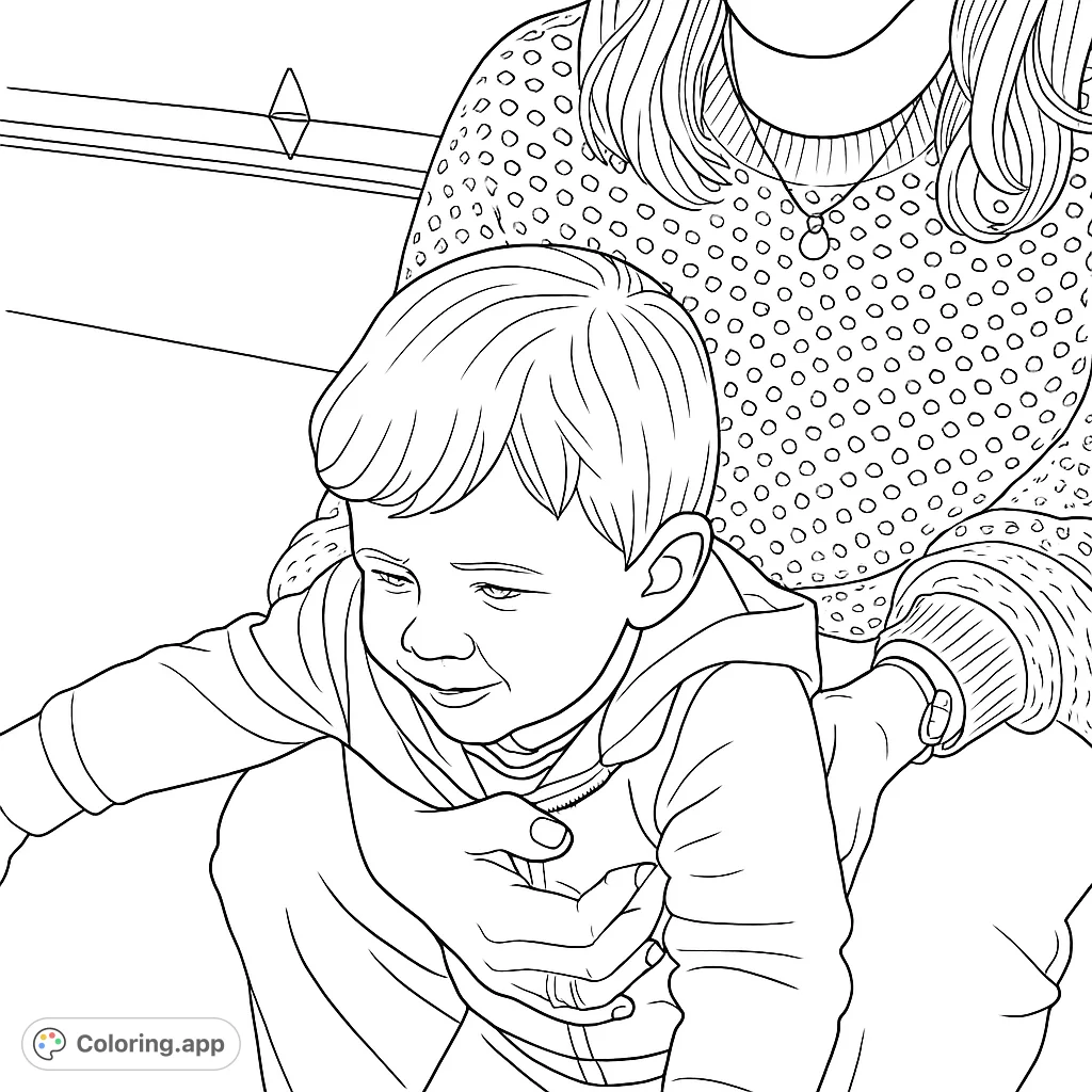 A heartwarming coloring page featuring a young child held gently by an adult, perfect for capturing tender moments and exploring textures.