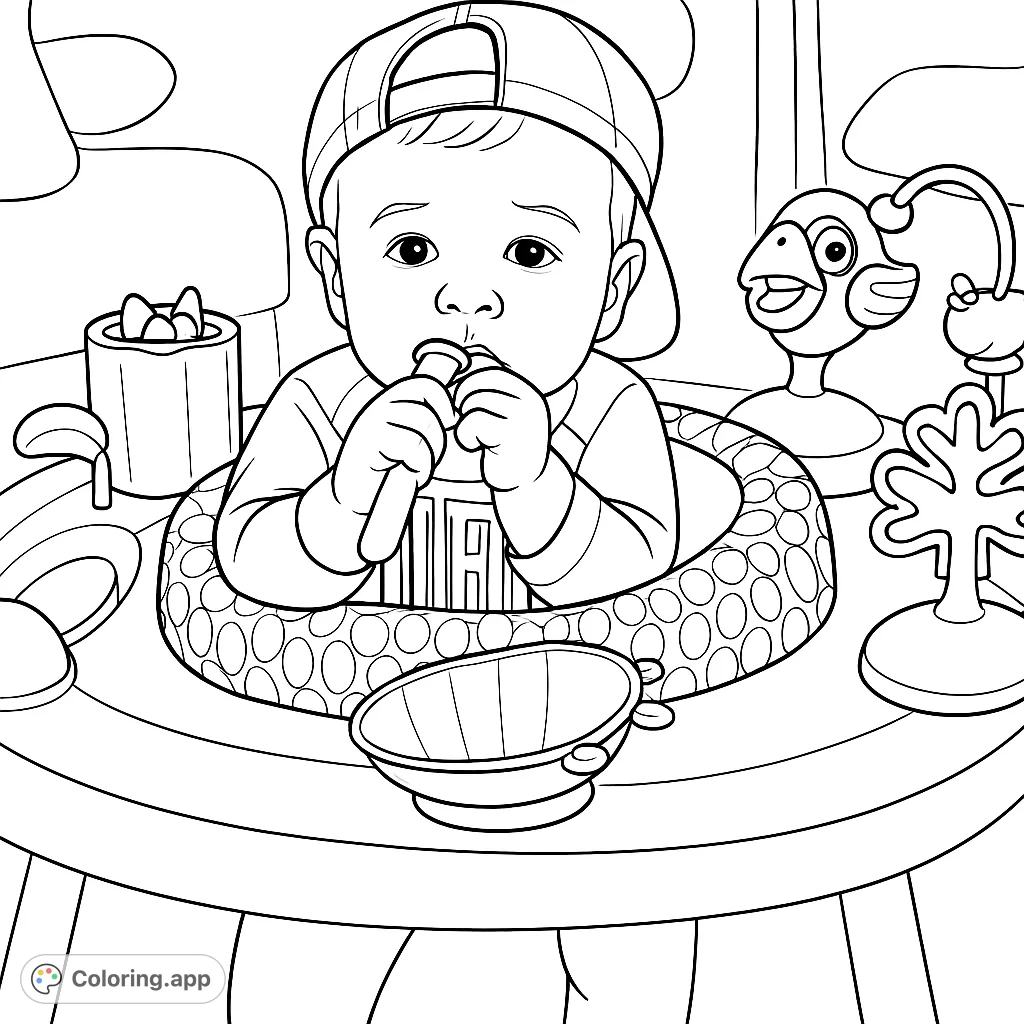 A delightful baby in a baseball cap explores toys in an activity center, offering a charming scene for a baby coloring page. Perfect for all ages!