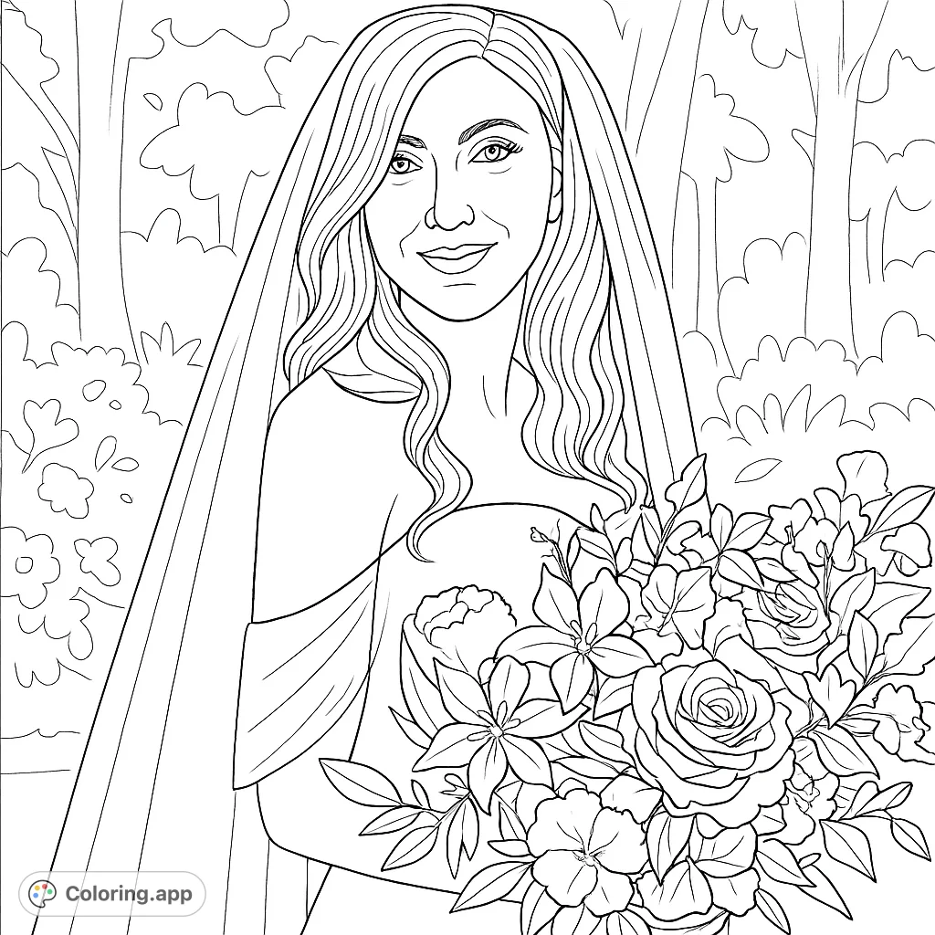 An elegant bride in a strapless gown and flowing veil, holding a beautiful, intricate floral bouquet. Perfect for celebrating special moments.
