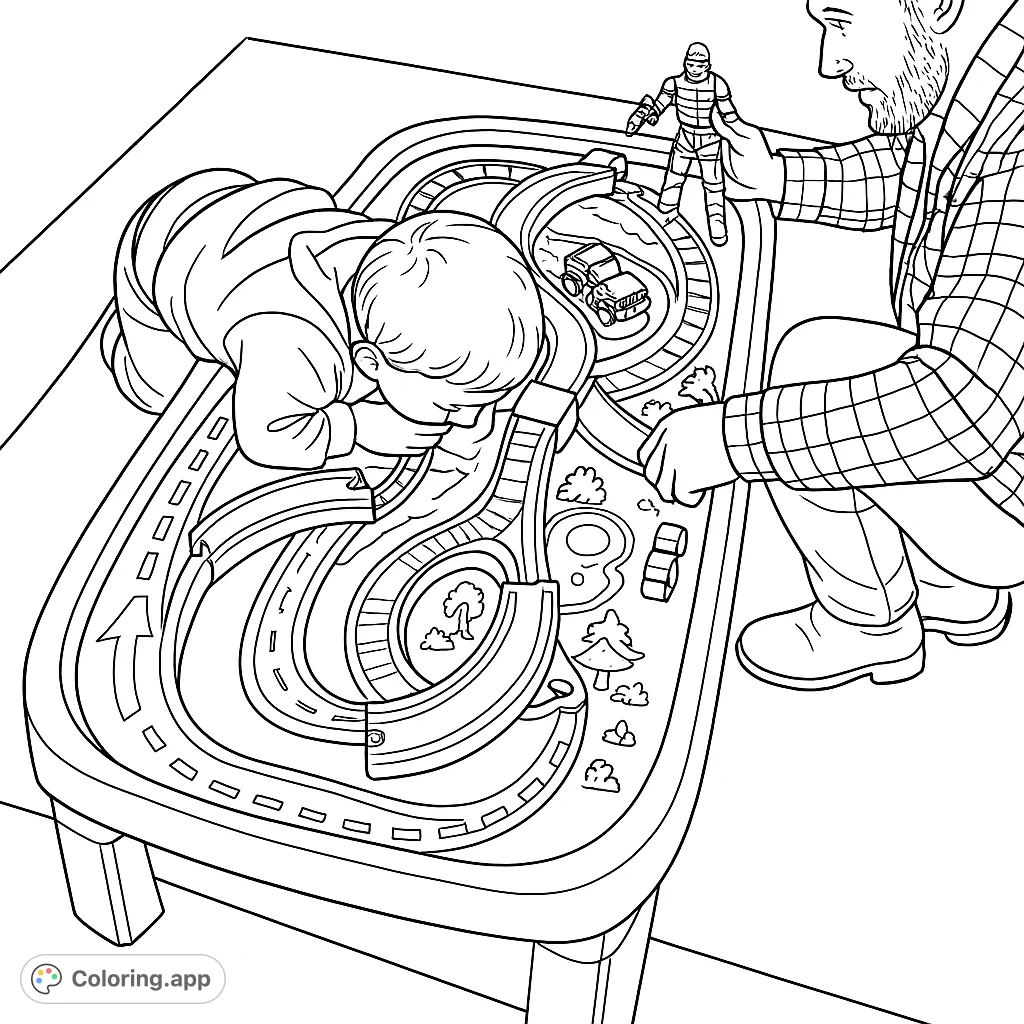 A heartwarming scene of a child and adult playing together at a detailed activity table with roads, bridges, and toy vehicles, perfect for imaginative coloring.