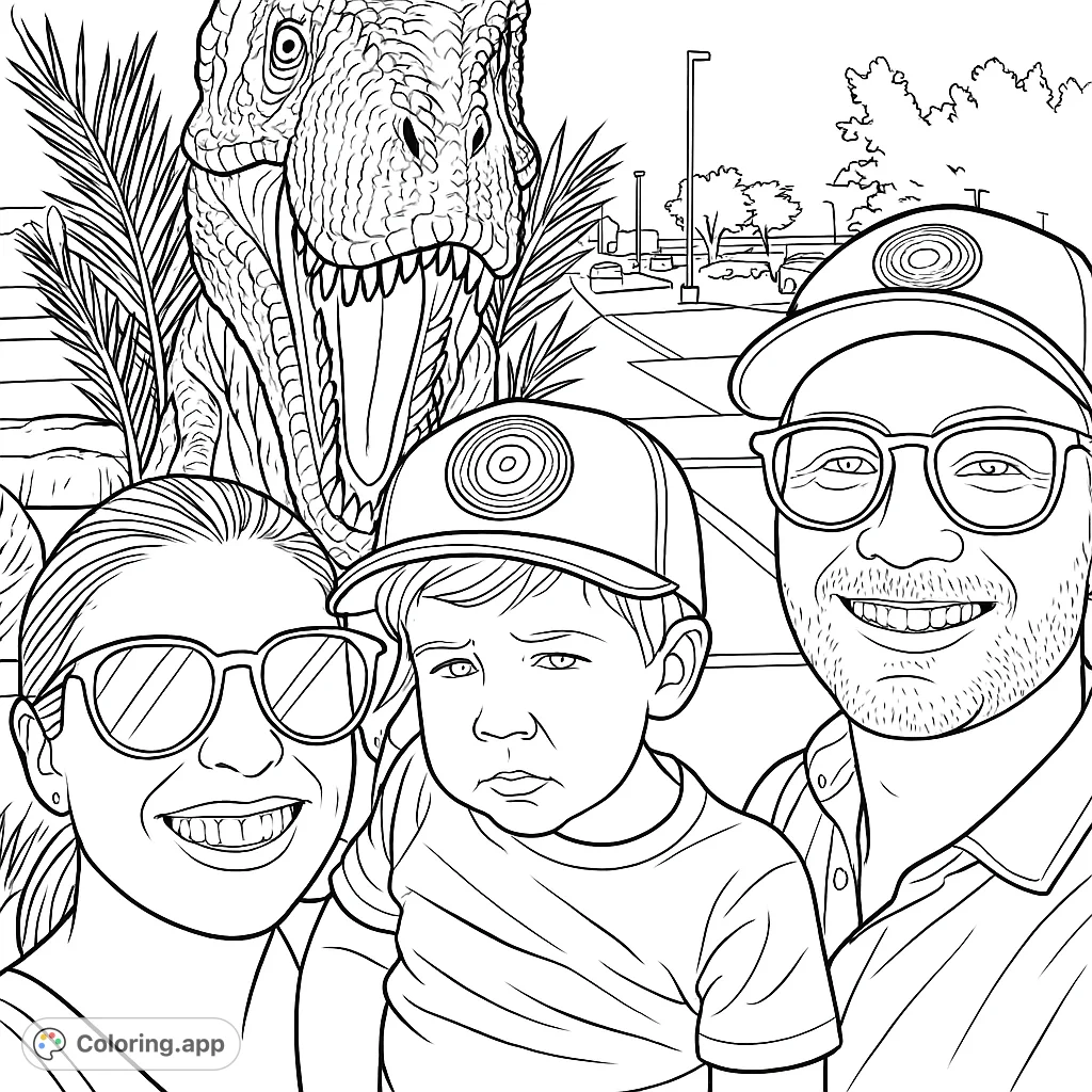 A fun family selfie with a roaring dinosaur statue, perfect for a dinosaur coloring page. Enjoy coloring this exciting prehistoric scene!