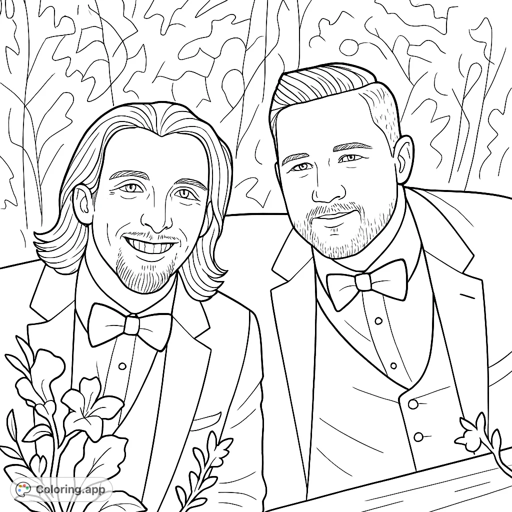 Capture a special moment with this formal portrait coloring page featuring two smiling men in tuxedos. Perfect for celebrating connections and special events.