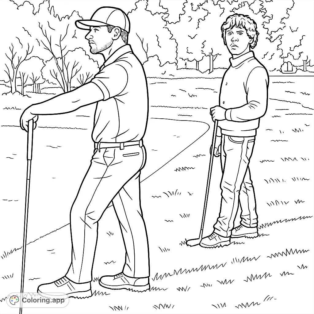 A dynamic golf coloring page featuring two players on a scenic course, perfect for sports enthusiasts and a relaxing creative activity.
