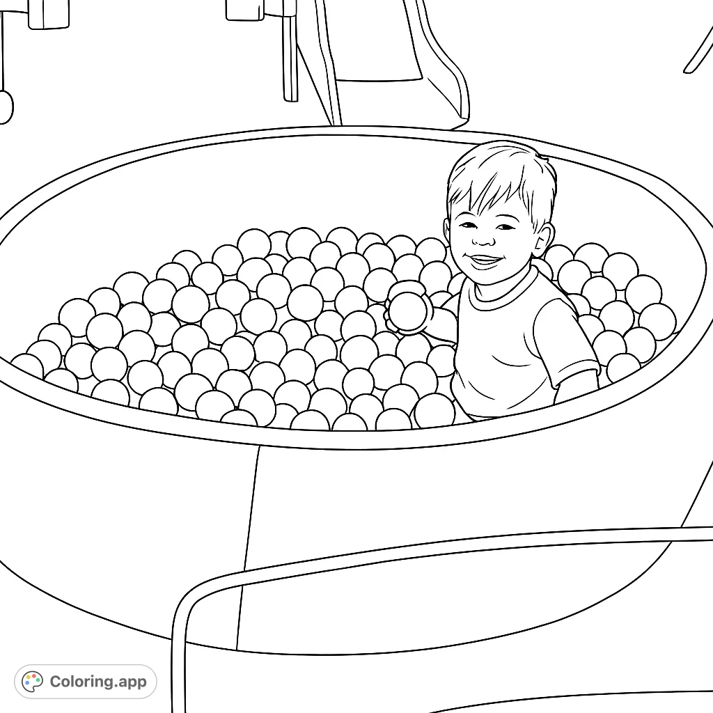 A joyful child smiles from a ball pit filled with countless spheres, ready for a fun coloring adventure. Perfect for kids!