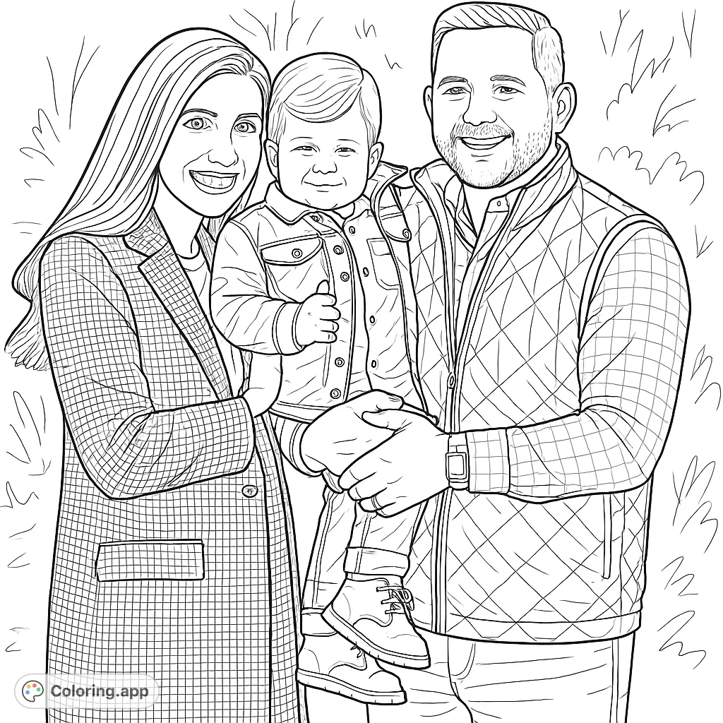 Capture the warmth of family with this delightful portrait coloring page. Features a smiling couple and their child, perfect for all ages.