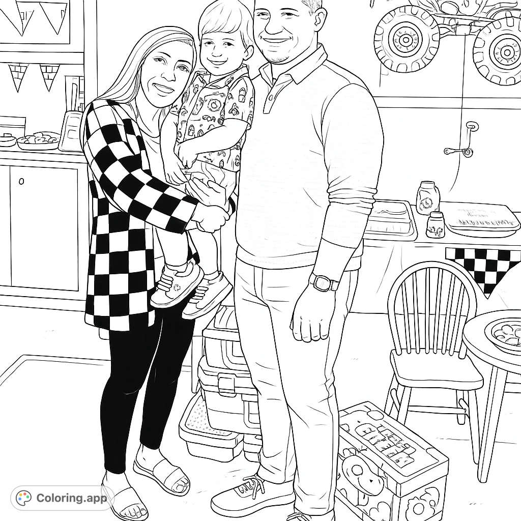 A heartwarming family portrait featuring a smiling couple and their young child, surrounded by festive decorations, perfect for a joyful coloring experience.