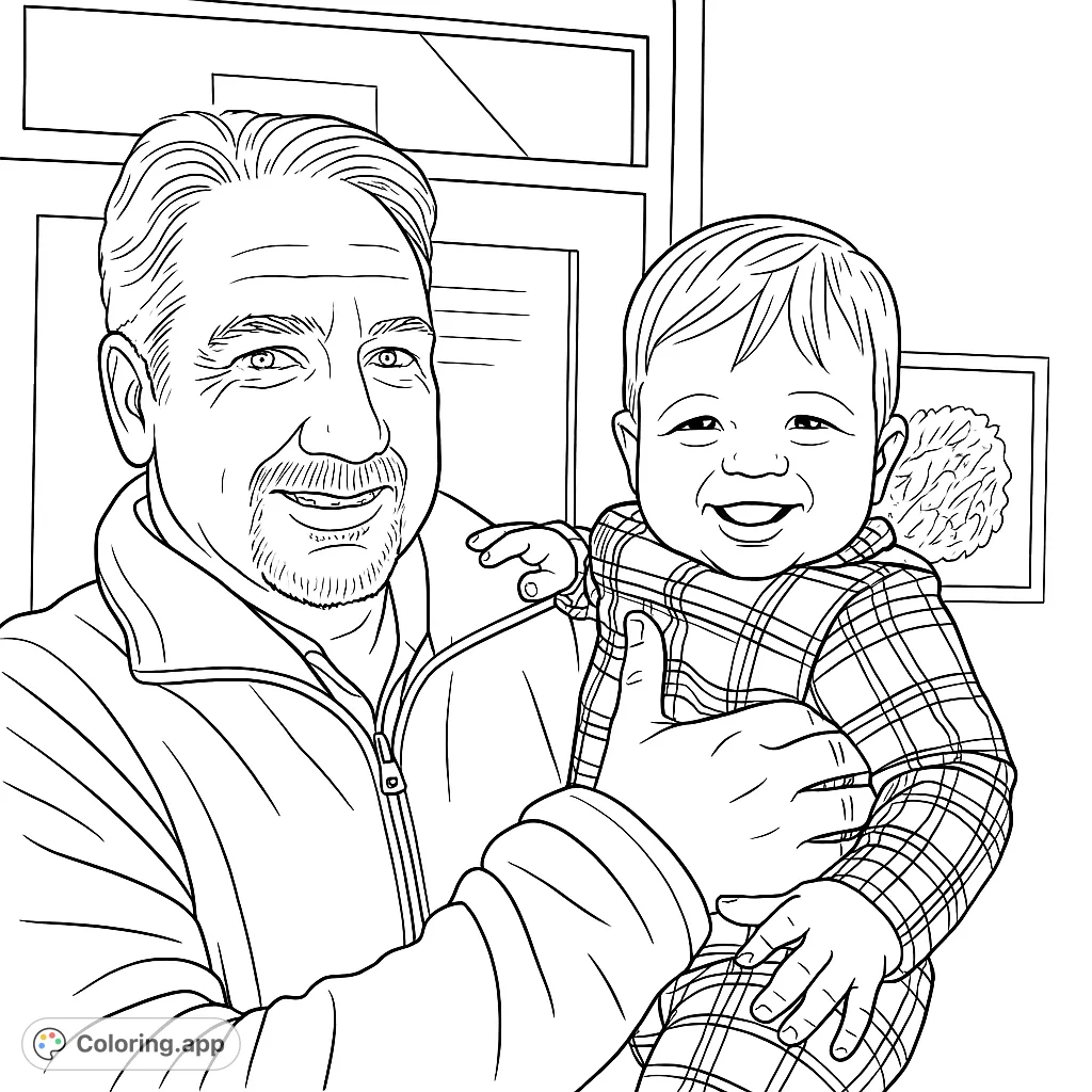 A heartwarming scene of a man holding a cheerfully smiling baby, perfect for celebrating family bonds and precious moments. A beautiful family coloring page.