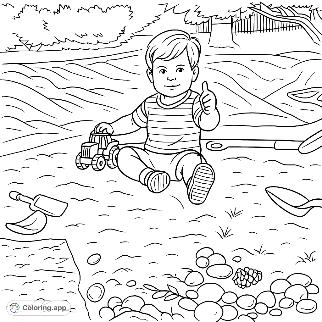 A cheerful child plays with a toy construction vehicle in a sandy area, pointing forward with excitement. Perfect for young adventurers!