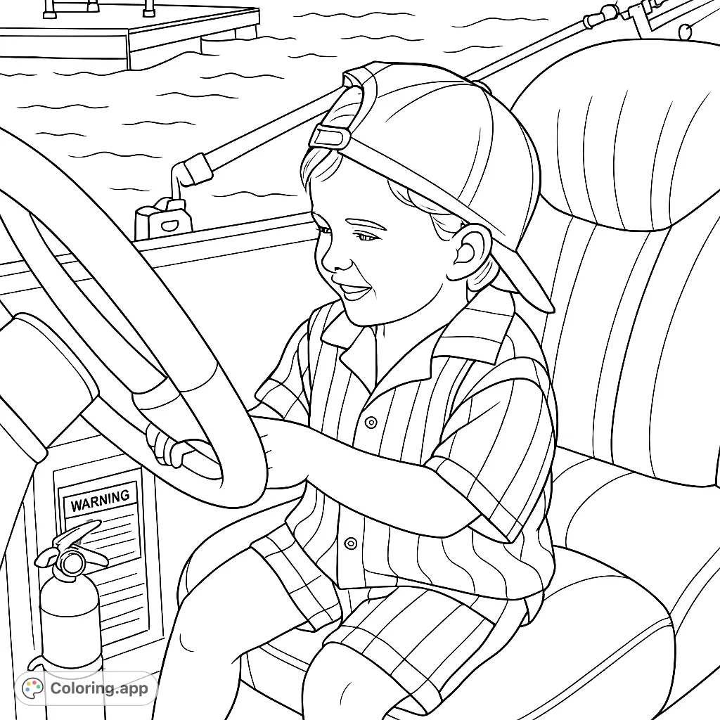 A delightful coloring page featuring a young child joyfully steering a boat, ready for adventure on the water. Perfect for aspiring sailors and creative minds.