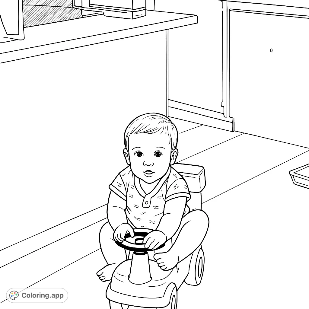 A delightful baby on a ride-on toy, ready for adventure! This charming coloring page captures a moment of childhood joy, perfect for little artists.