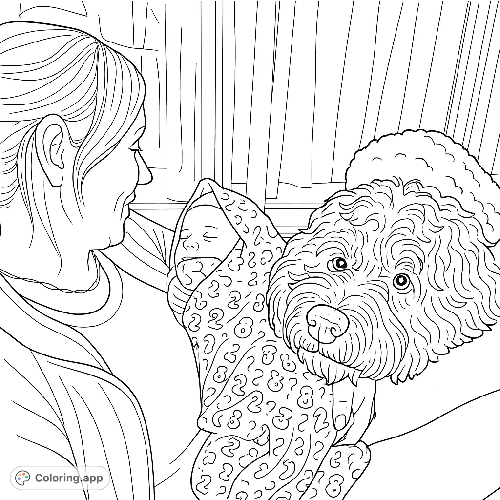 A heartwarming scene of a woman cradling a newborn, with a loyal dog resting nearby. Perfect for celebrating family bonds and tender moments.