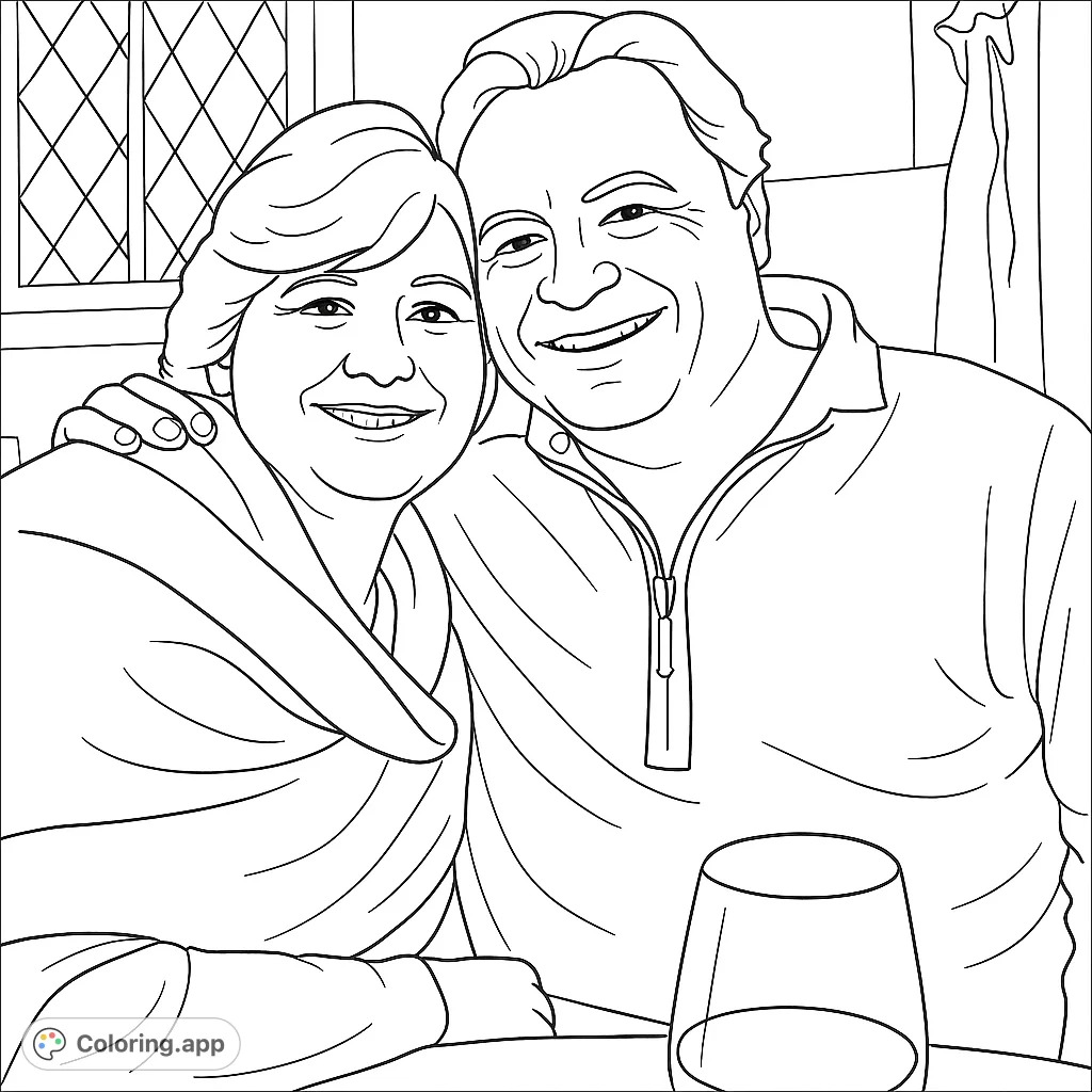 Capture the warmth of a loving embrace with this portrait coloring page featuring a smiling couple. Perfect for personalizing with your favorite hues.