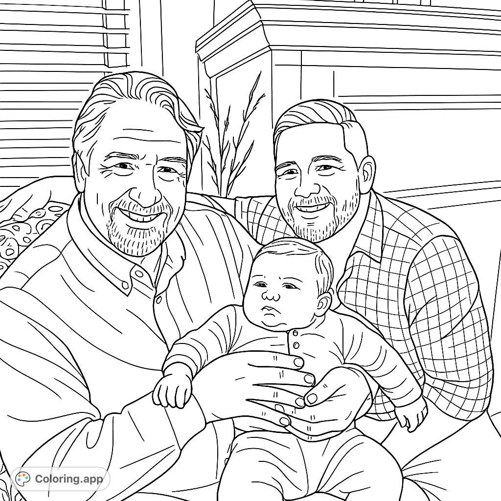 Capture the warmth of family with this heartwarming coloring page featuring a grandfather, father, and baby. A beautiful scene of generational love.