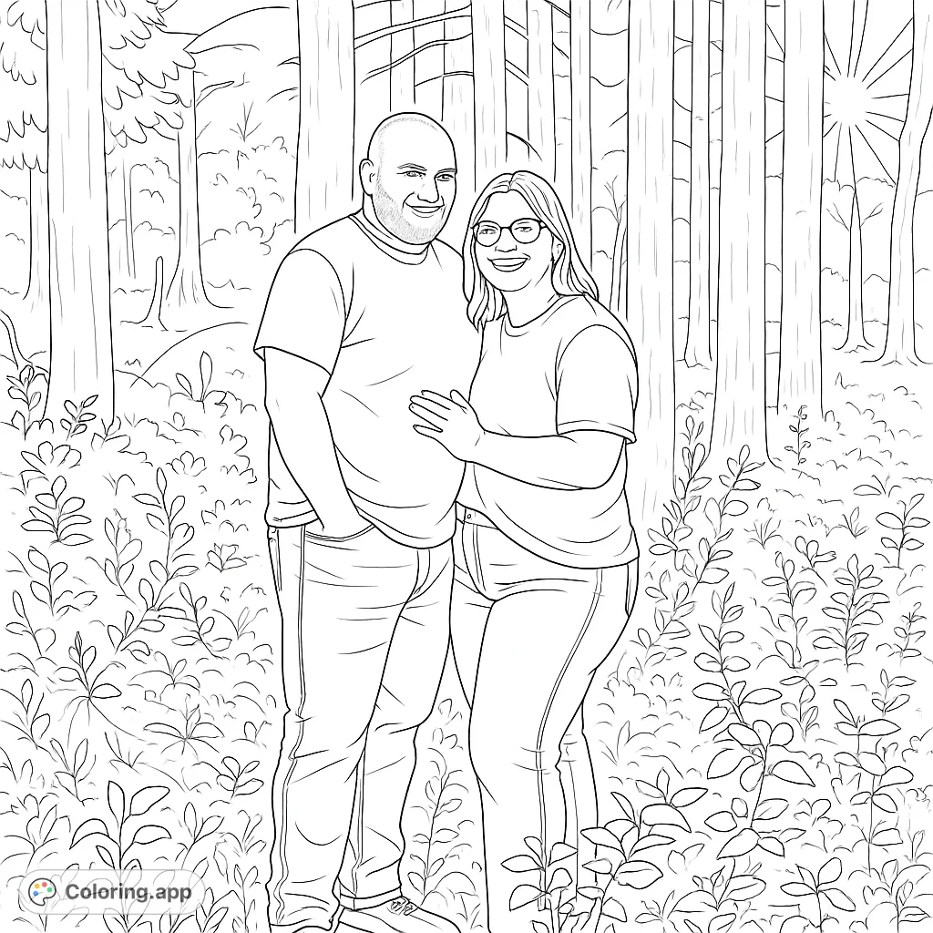Capture a loving couple in a serene forest. This detailed coloring page features a man and woman amidst tall trees and lush ground cover.