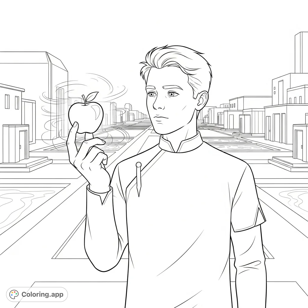 Explore "The Giver" with this Jonas coloring page. Depicts Jonas holding an apple, symbolizing the awakening of memory in a uniform world.