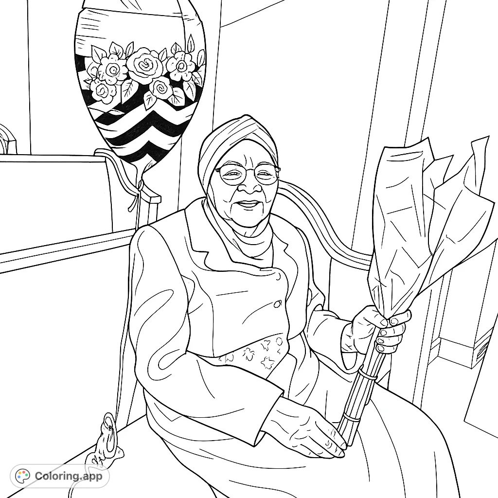 A heartwarming scene featuring an elderly woman holding a bouquet and surrounded by festive balloons, perfect for a thoughtful coloring experience.