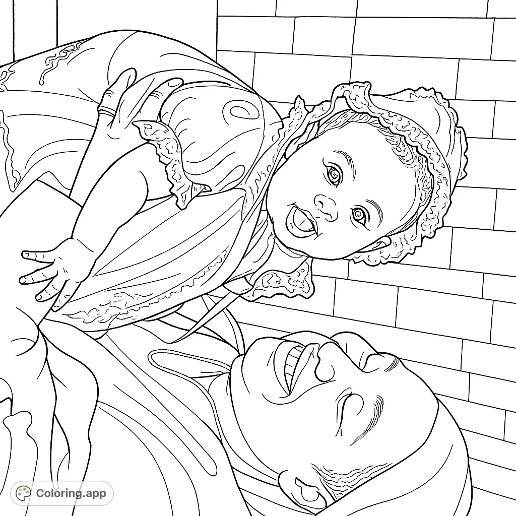 A heartwarming coloring page featuring an adult lovingly holding a baby in a formal gown and bonnet, capturing a moment of pure joy and connection.