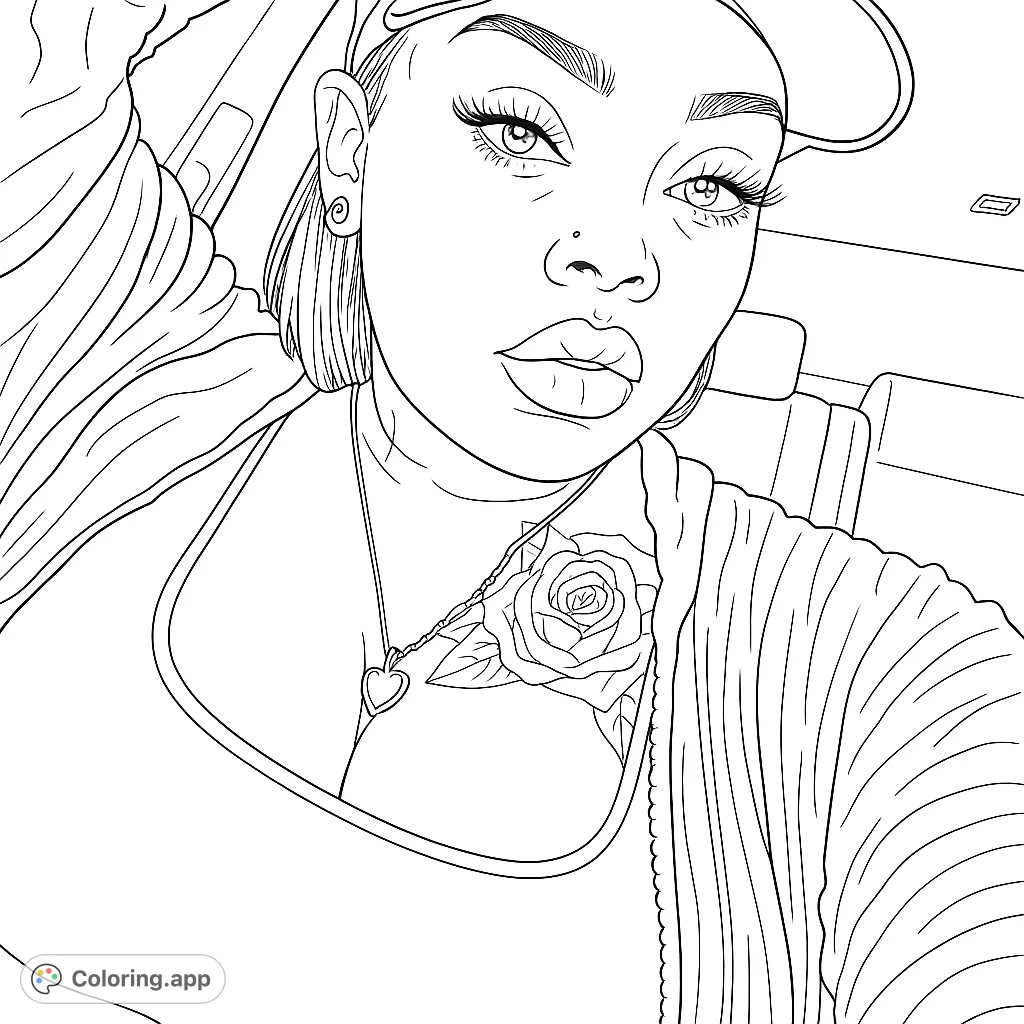 A captivating portrait featuring a person in a cap and textured jacket, adorned with a heart pendant and a striking rose tattoo. Perfect for detailed coloring.