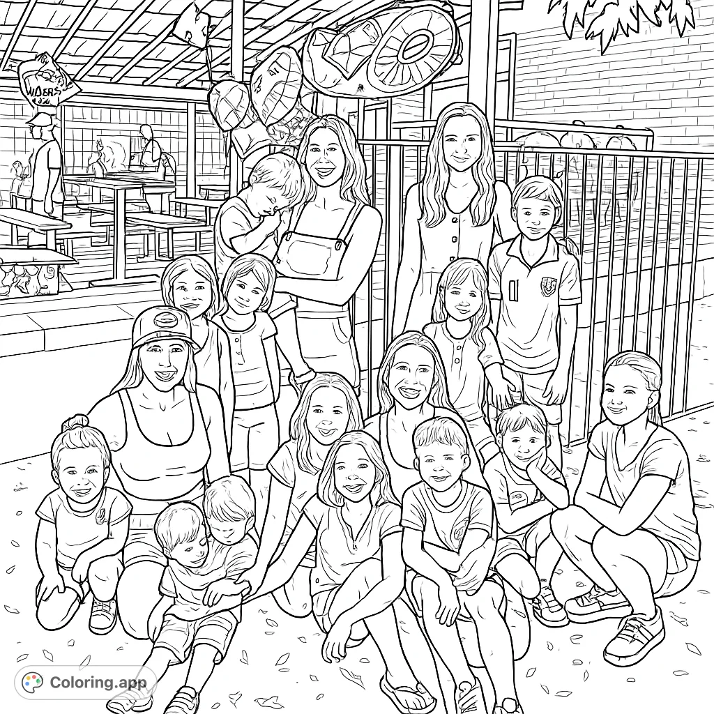 A heartwarming scene of adults and children enjoying an outdoor gathering, filled with smiles and playful energy. Perfect for a family coloring page.