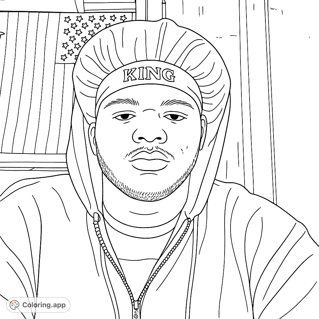 A striking portrait of a young man wearing a 'KING' bonnet and hoodie, set against a backdrop of a flag and wooden panel. A powerful and engaging coloring experience.