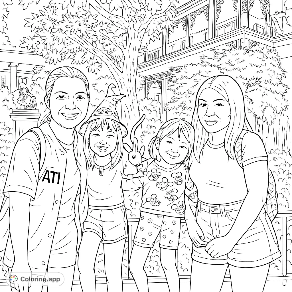 A joyful group of two adults and two children smiling in a whimsical park setting, ready for a fun coloring adventure. Perfect for family fun!