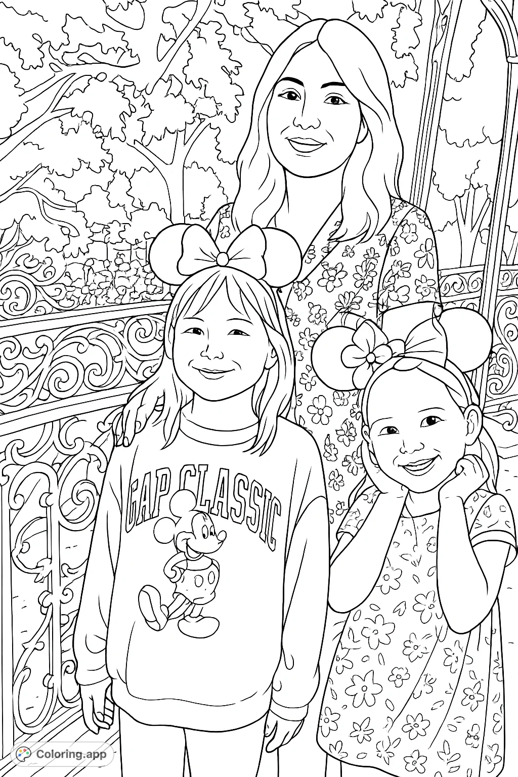 A heartwarming family portrait at a bustling theme park, featuring a mother and two daughters with iconic character headbands, ready for a fun coloring adventure.