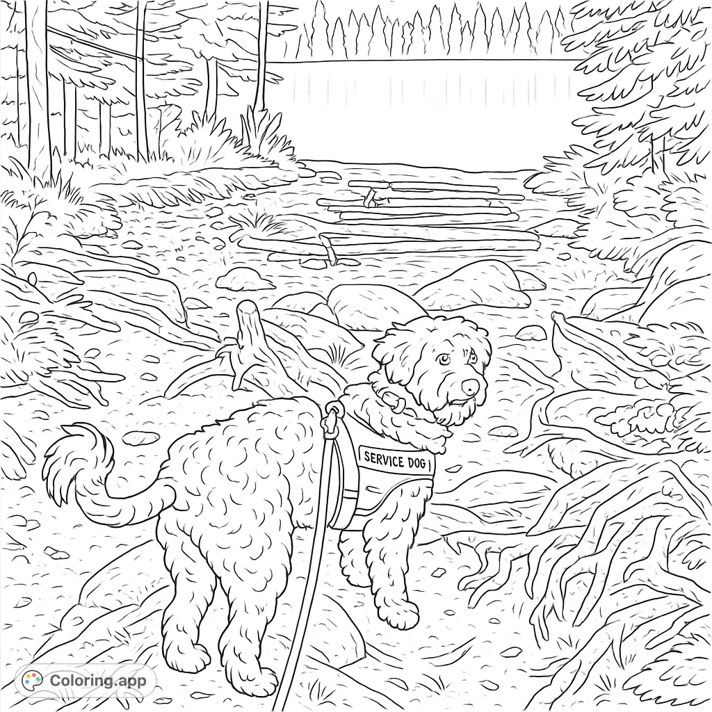 A loyal service dog explores a rugged forest path leading to a serene lake, surrounded by trees and natural textures. A perfect nature coloring page.