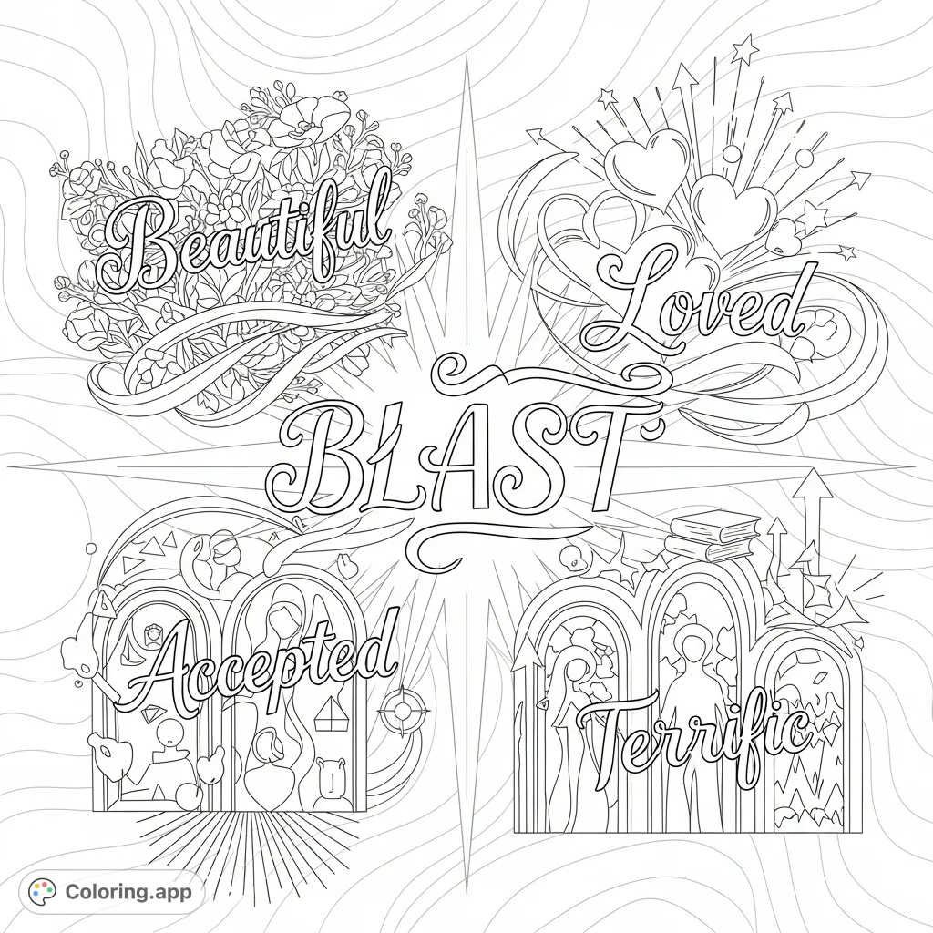 An empowering BLAST coloring page featuring a radiant starburst with words "Beautiful, Loved, Accepted, Smart, Terrific" integrated into decorative elements.