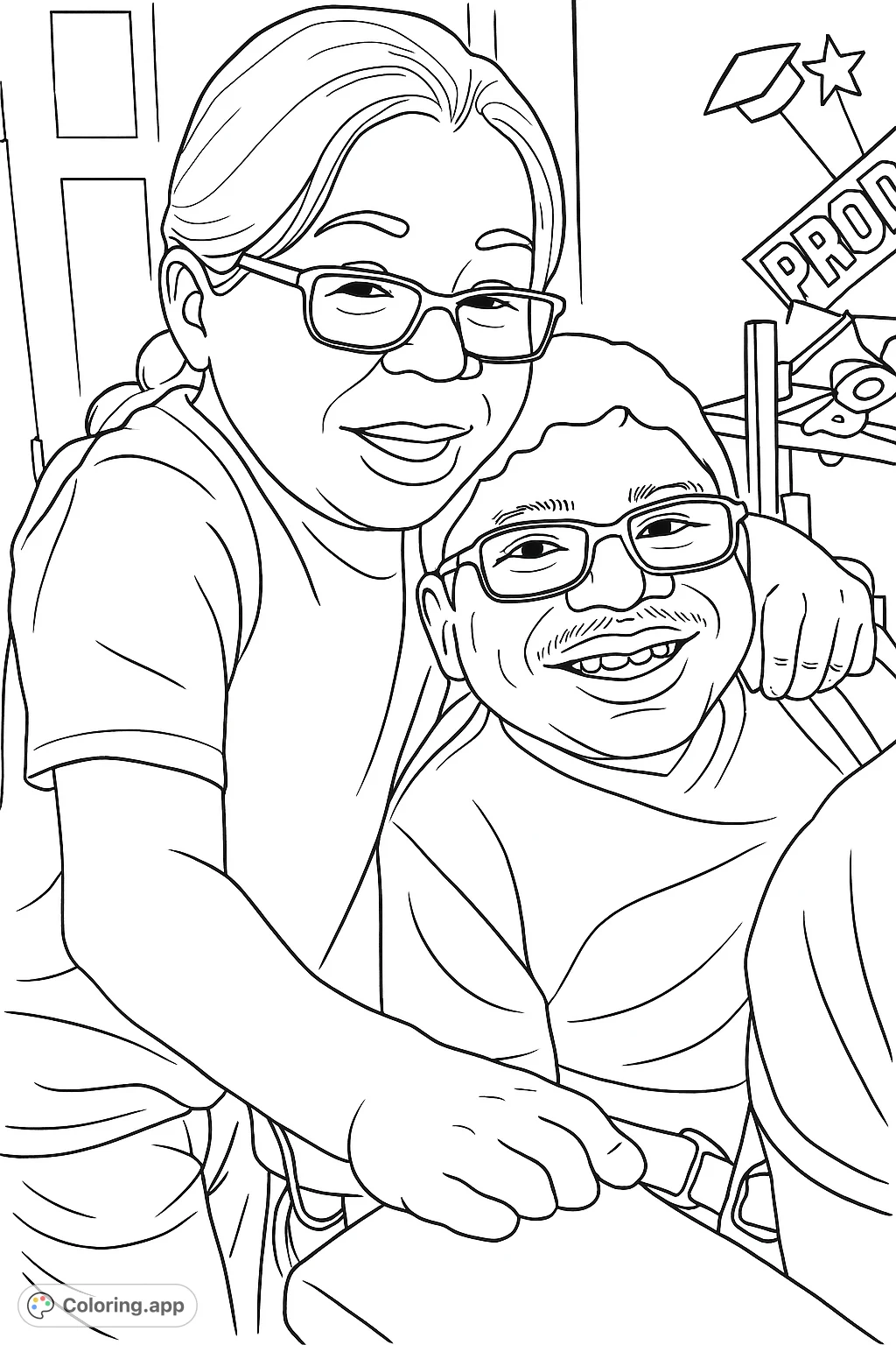 A heartwarming coloring page featuring two smiling individuals in a joyful embrace, celebrating a special moment with graduation decorations in the background.