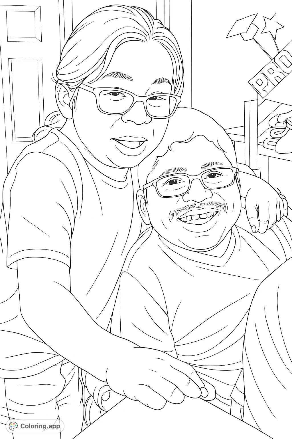 A heartwarming coloring page featuring two smiling individuals celebrating, with one embracing the other. Perfect for capturing moments of joy and achievement.