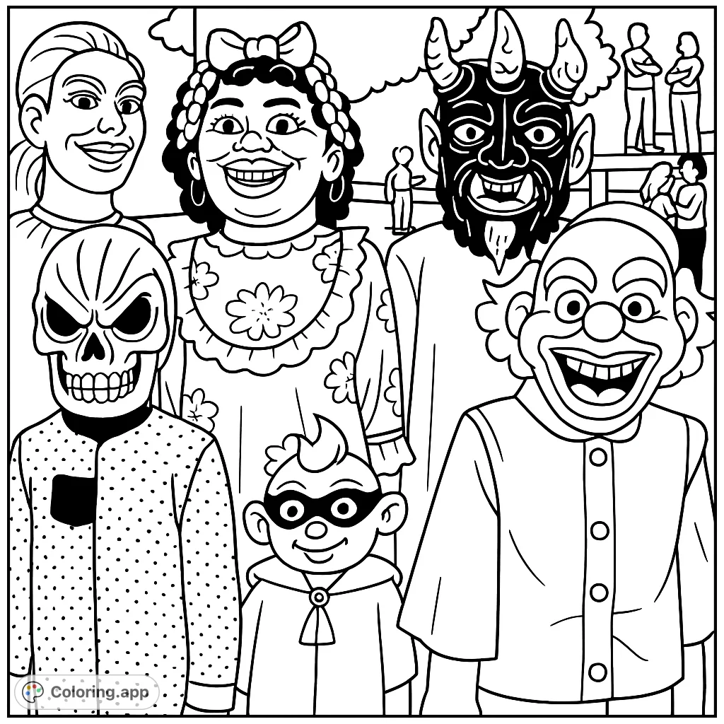 A vibrant cartoony carnival mask parade coloring page featuring a diverse group of expressive, festive puppets and masks, perfect for creative fun.