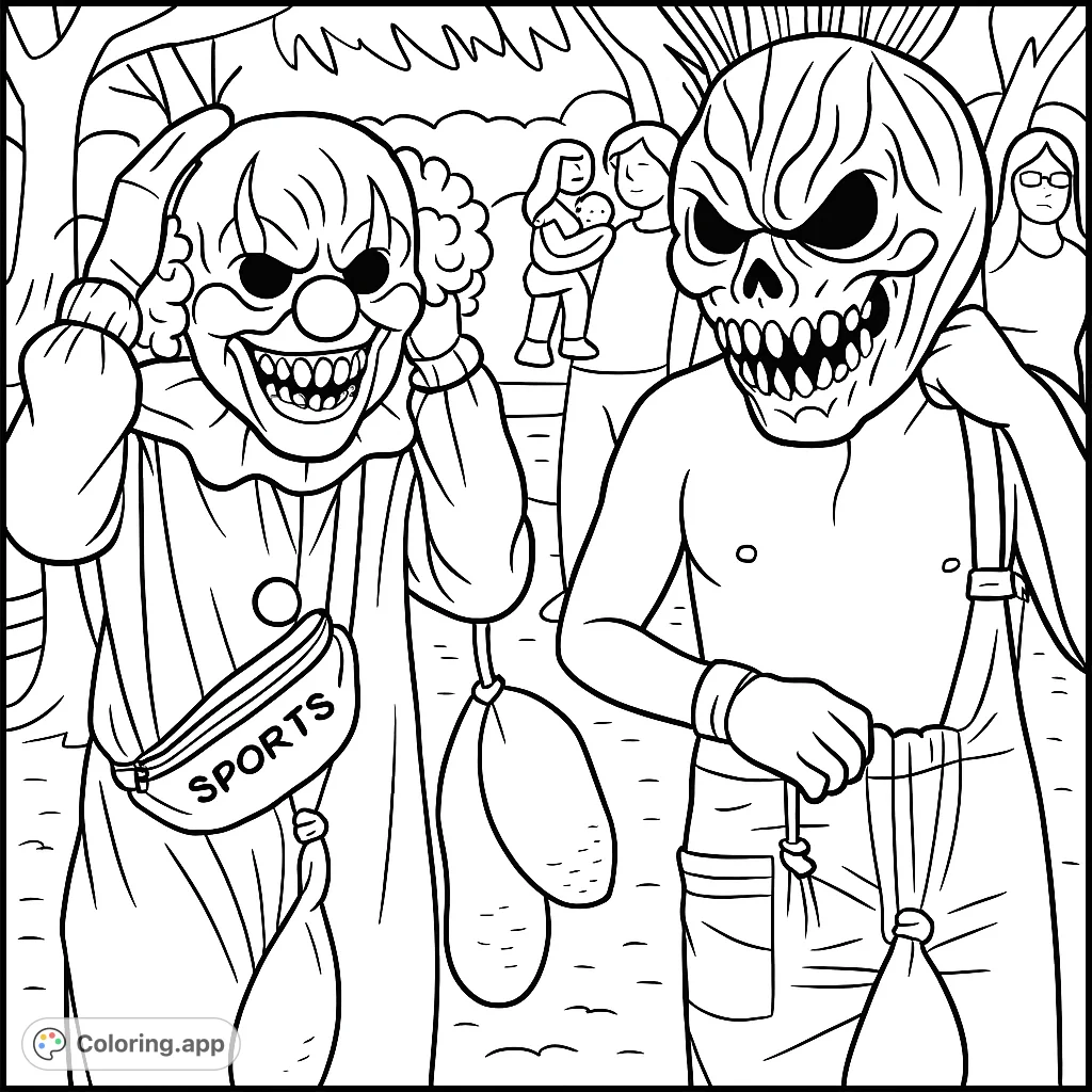 Unleash your creativity with this spooky coloring page featuring two figures in terrifying clown and skull masks, perfect for Halloween fun or horror enthusiasts.