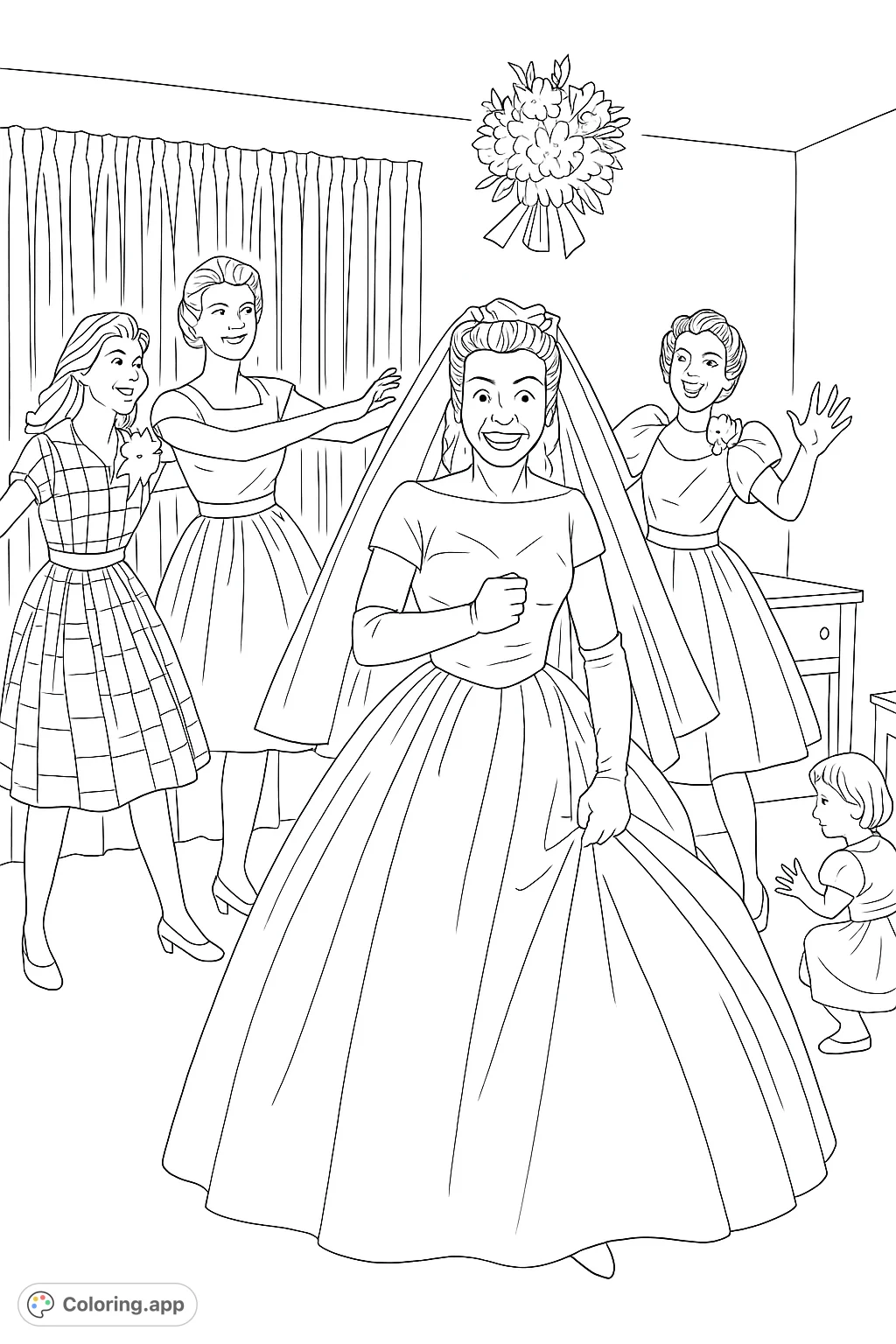 Capture the fun and excitement of a vintage wedding party with a smiling bride and her playful bridesmaids. A delightful retro celebration scene.