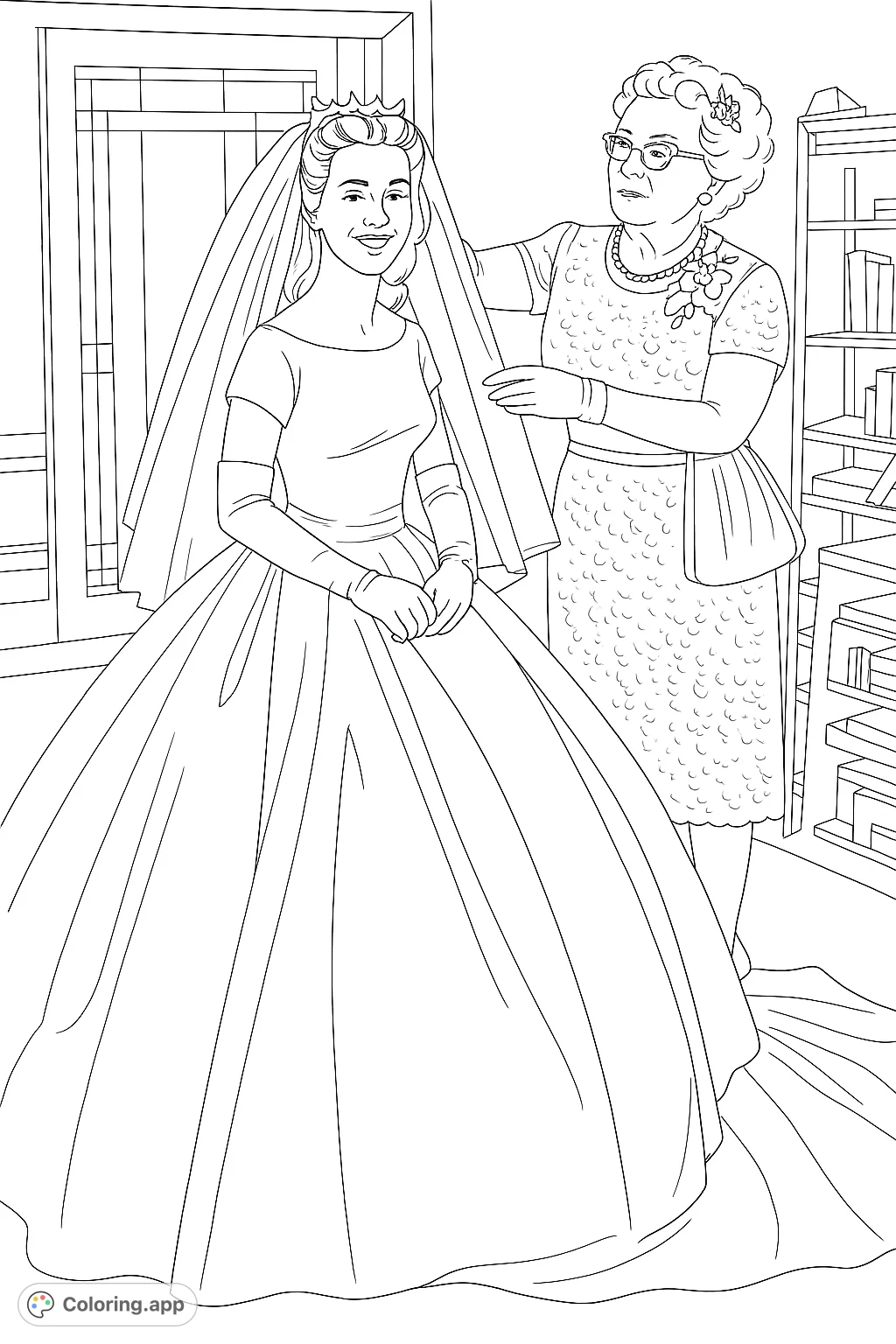 Capture a timeless wedding moment with a smiling bride in a voluminous gown and veil, assisted by an older woman. A classic scene for creative coloring.