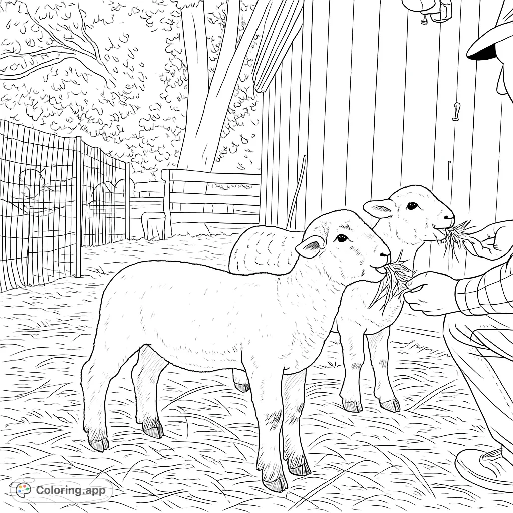 A heartwarming farm scene featuring two fluffy lambs being gently hand-fed hay by a person. Perfect for animal lovers and a relaxing coloring experience.