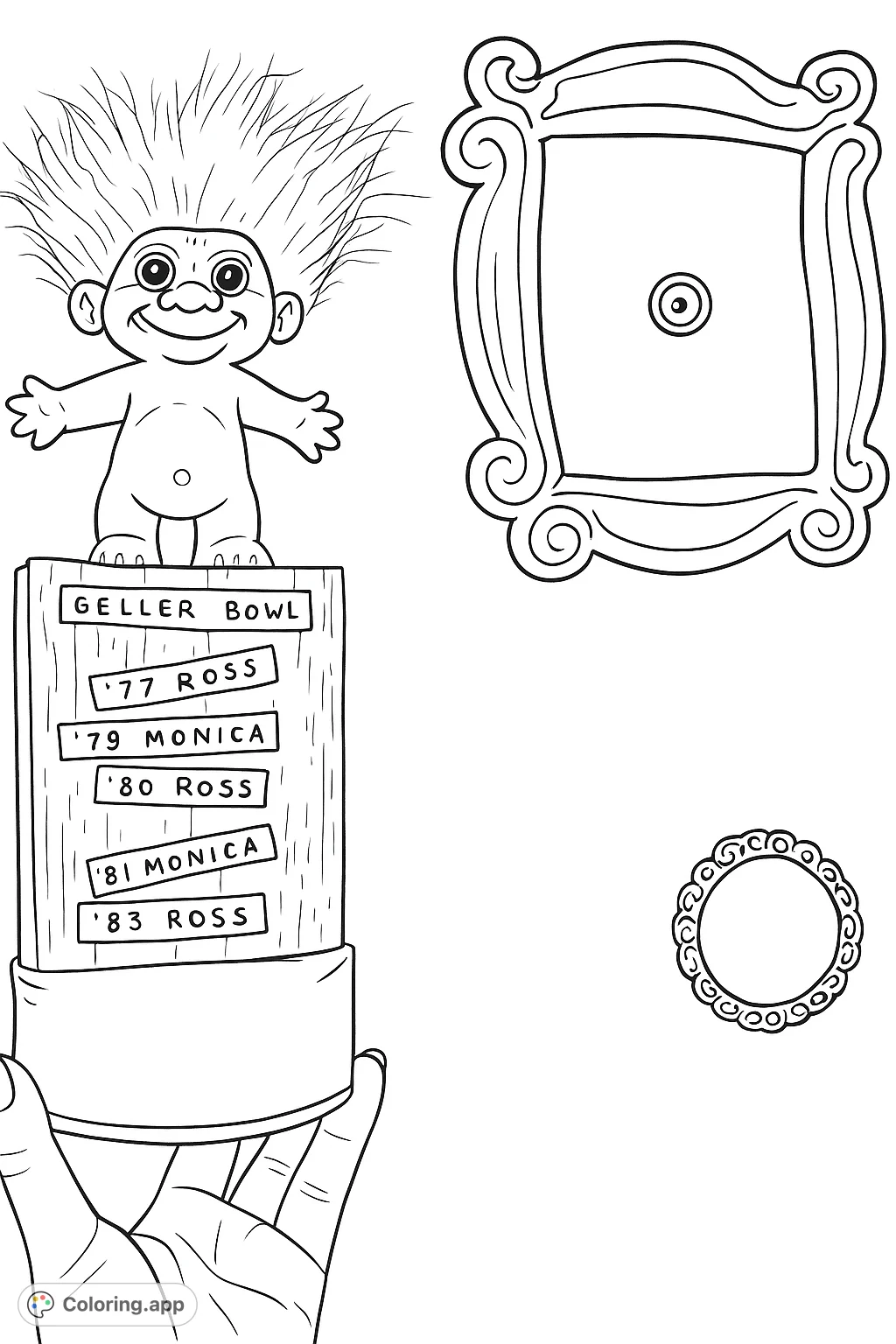 A fun coloring page featuring a troll doll on a Geller Bowl trophy, with an iconic door frame and peephole in the background.