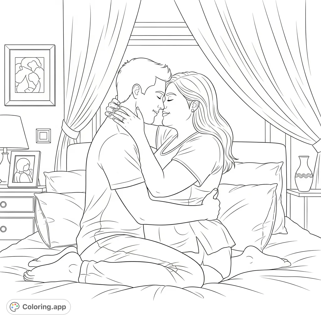 An intimate anniversary scene featuring a loving couple in a tender embrace. This detailed coloring page captures affection and celebration, perfect for adults.