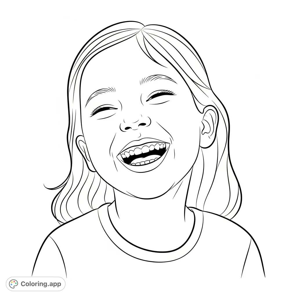A cheerful girl with a wide, laughing smile, perfect for a joyful coloring experience. This free printable coloring page captures pure happiness.