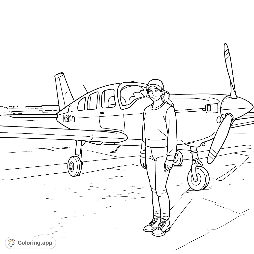 Color a young aviator standing proudly beside a sleek propeller plane on the tarmac, ready for adventure. A detailed scene for aviation enthusiasts.
