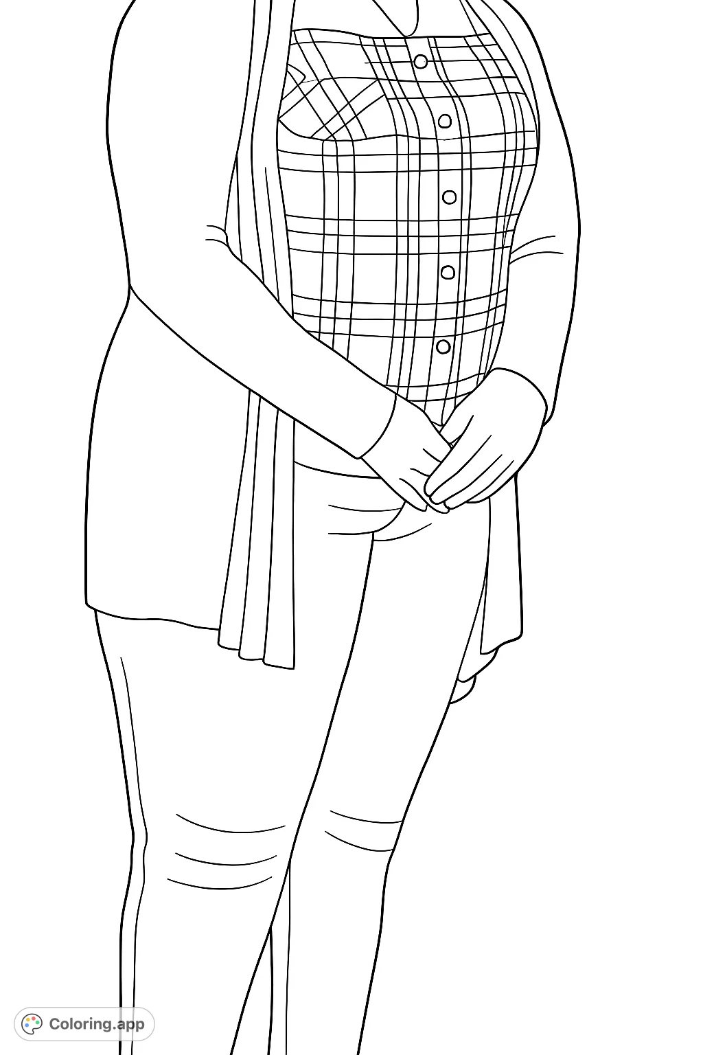 A stylish figure in a plaid shirt and long cardigan, with hands clasped. Perfect for fashion enthusiasts to personalize with creative colors.